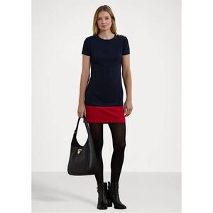 Lauren Ralph Lauren Two Tone Button Trim Crepe Shift Dress Navy Blue Red 8